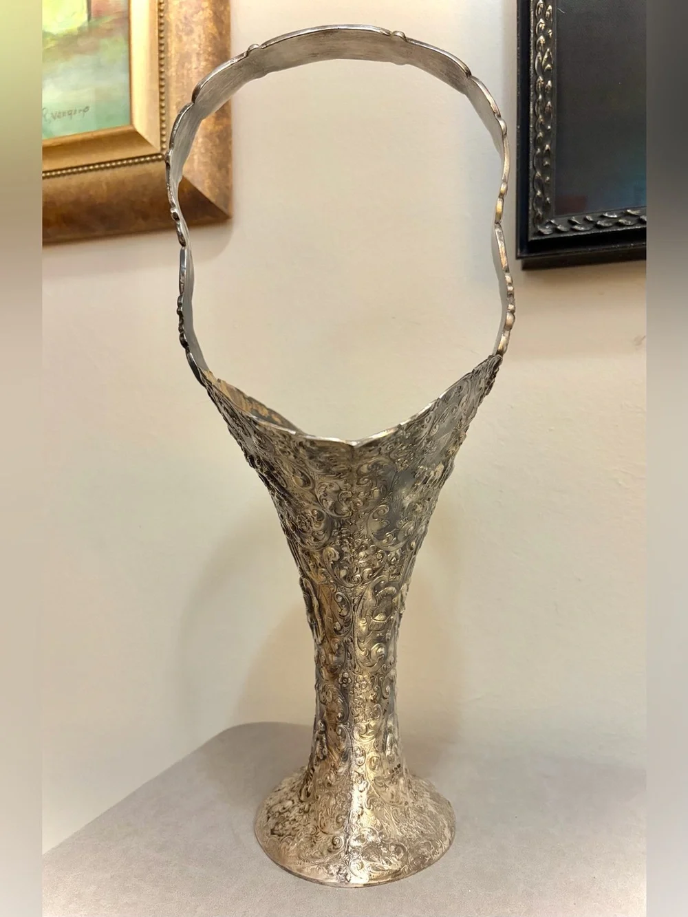 Antique Barbour SP Co 3737 Silver Plate Repoussé Bride’s Basket with Handle 16”